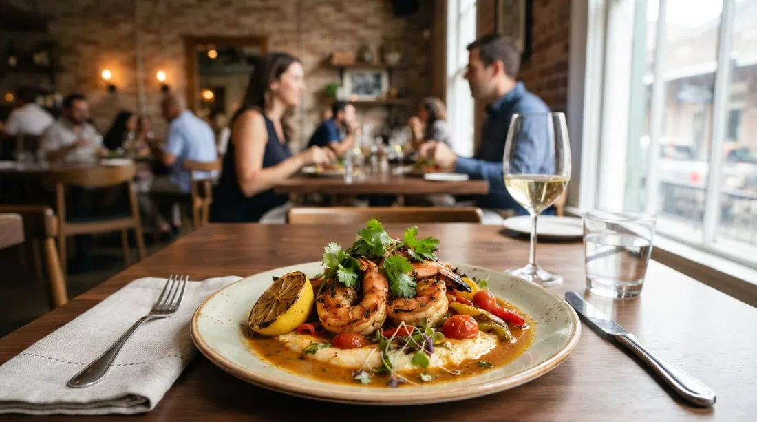 en upplagd Acamaya skaldjursrätt på ett raffinerat restaurangbord, ljusa citrusfrukter och örter mot den samtida matsalen