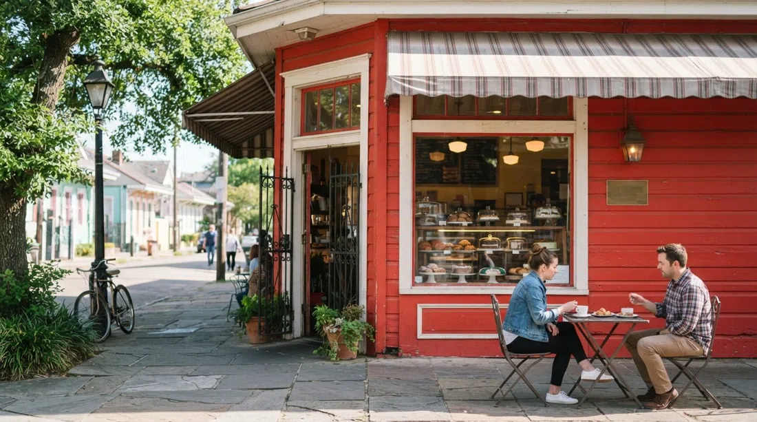 den rödmålade exteriören av Bywater Bakery i ett soligt hörn, med bakverk synliga genom fönstret och en lugn Dauphine Street trottoar