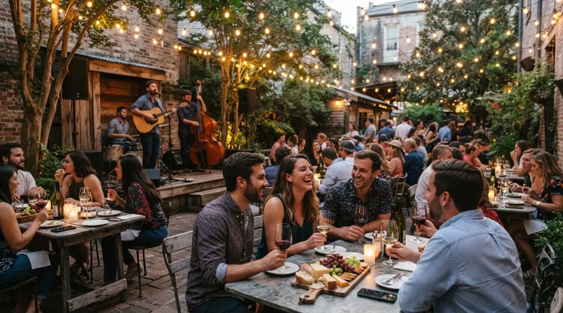Bacchanal Wines bakgård i skymningen, ljusslingor över bord, musiker som spelar på innergården och gäster med vin- och ostbrickor
