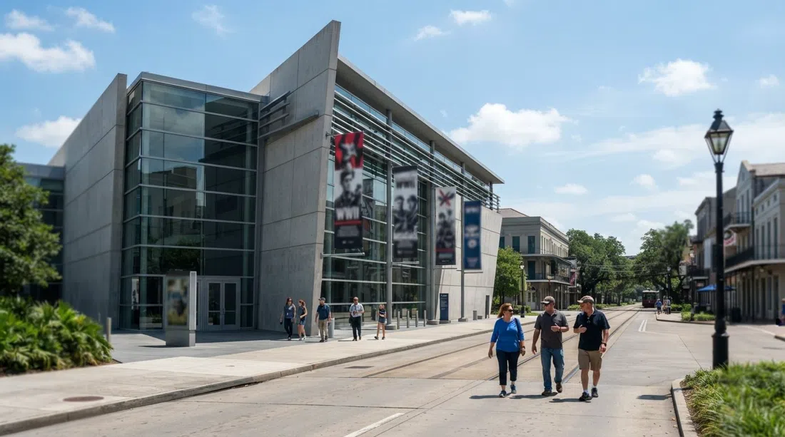 the National WWII Museum’s steel-and-glass pavilions on Magazine Street, modern lines and museum banners in bright daytime light