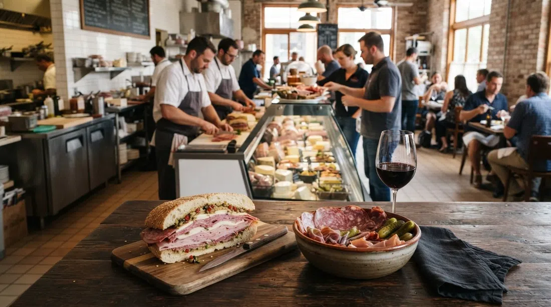 a muffuletta and house-cured meats at Cochon Butcher, deli counter energy with stacked sandwiches and a glass of red wine