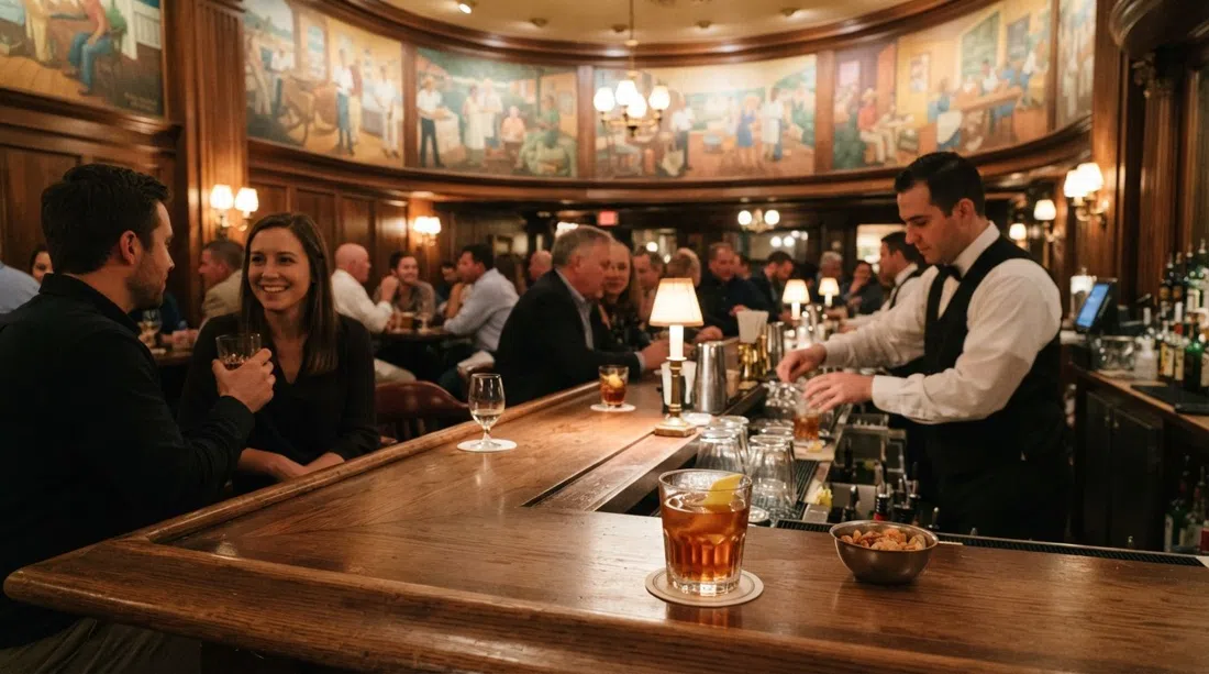 the Sazerac Bar inside The Roosevelt, walnut paneling, Paul Ninas murals and a classic cocktail glowing under warm lamplight