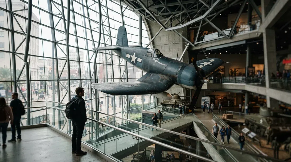 a restored aircraft display inside the National WWII Museum, dramatic gallery lighting and steel-and-glass architecture around it