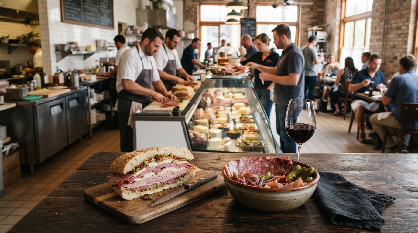 a muffuletta and house-cured meats at Cochon Butcher, deli counter energy with stacked sandwiches and a glass of red wine