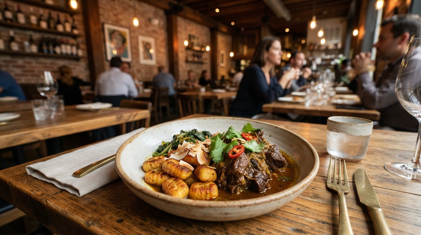 a plated curried goat with sweet-potato gnocchi at Compère Lapin, warm restaurant lighting and Caribbean-Creole fine dining detail