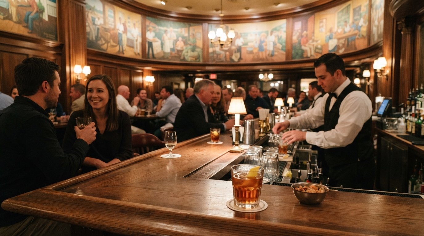 the Sazerac Bar inside The Roosevelt, walnut paneling, Paul Ninas murals and a classic cocktail glowing under warm lamplight