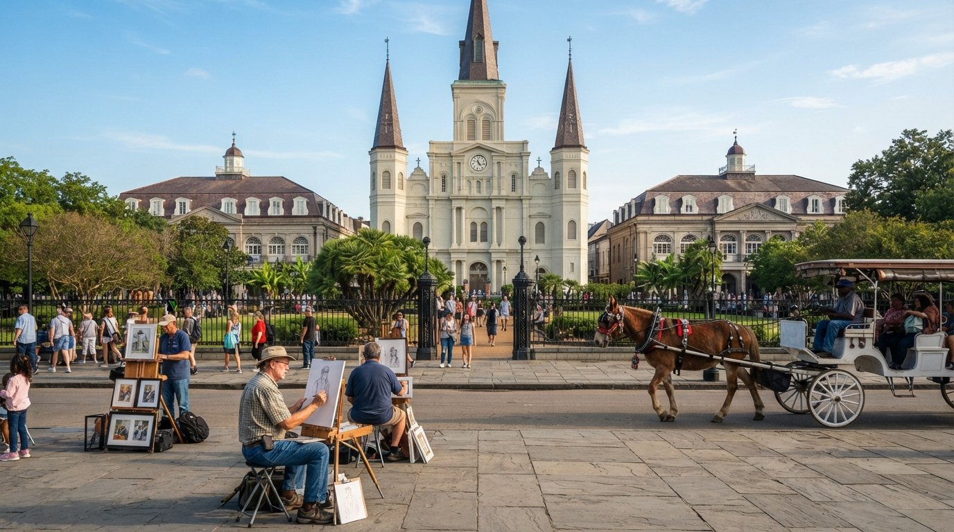 Jackson Square nella luce mattutina con le triple guglie della Cattedrale di St. Louis, il Cabildo e il Presbytère ai lati del verde, artisti ritrattisti e muli delle carrozze intorno al parco