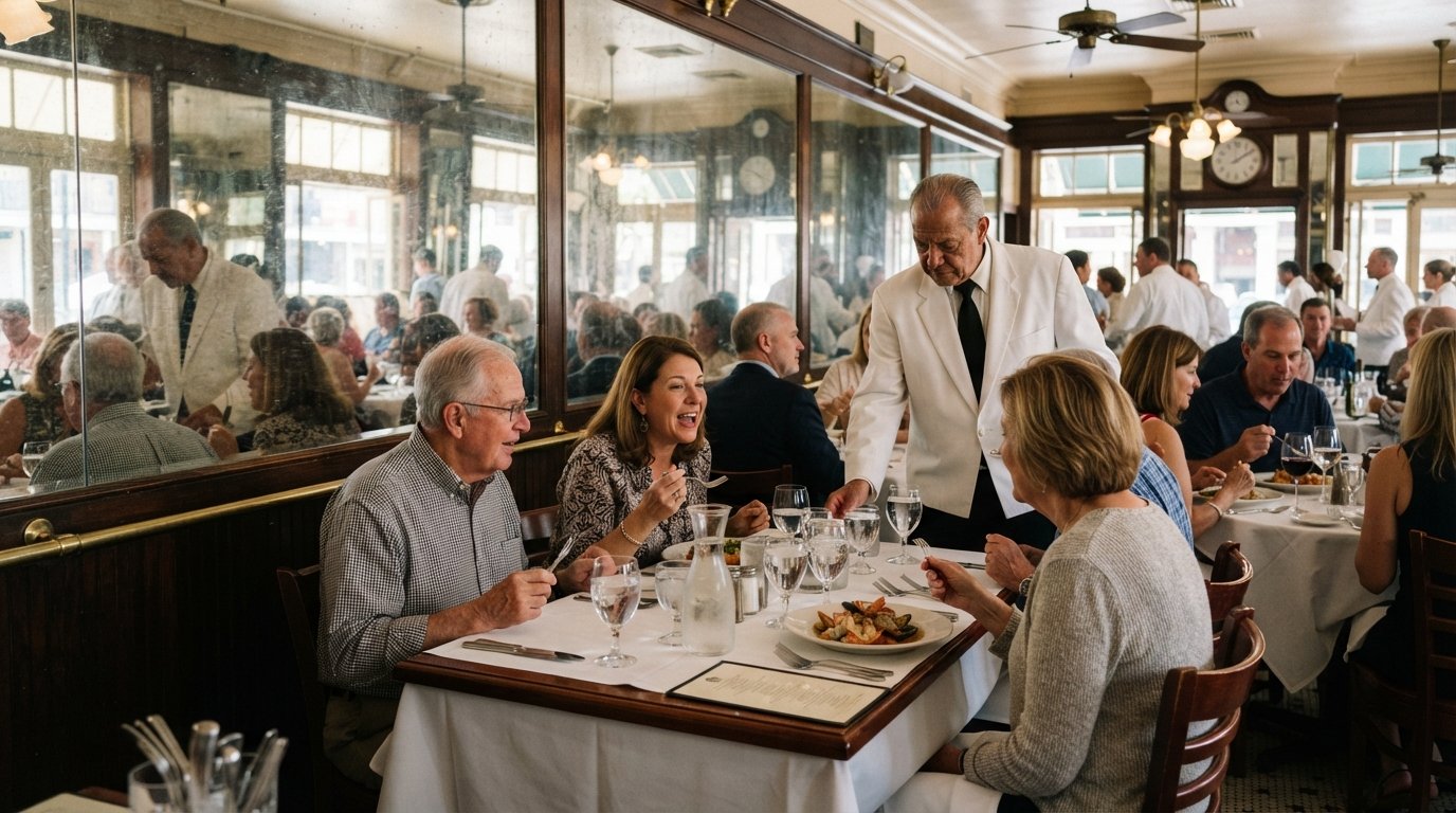 La sala da pranzo al piano inferiore con specchi di Galatoire's su Bourbon Street, servizio in giacca bianca, tavoli lucidati e un classico pranzo creolo a mezzogiorno