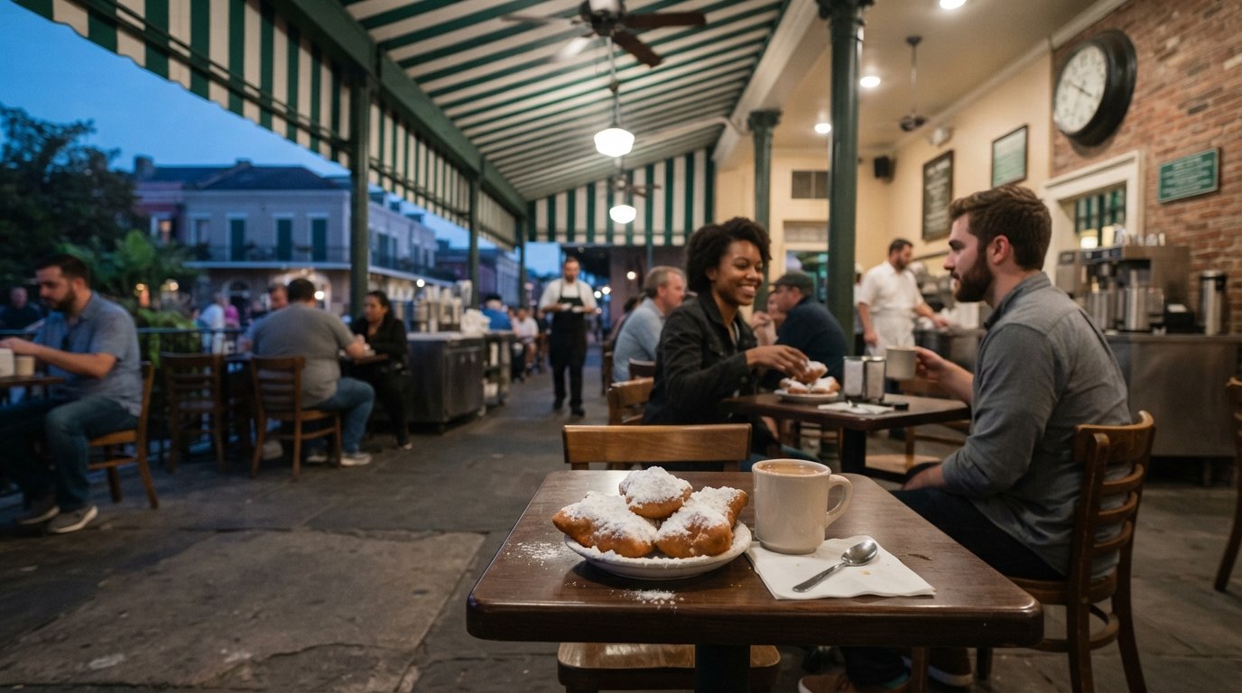 Cafe du Monde su Decatur all'alba, tenda verde e bianca, un vassoio di beignets spolverati di zucchero e un caffè latte su un tavolino con luce mattutina soffusa