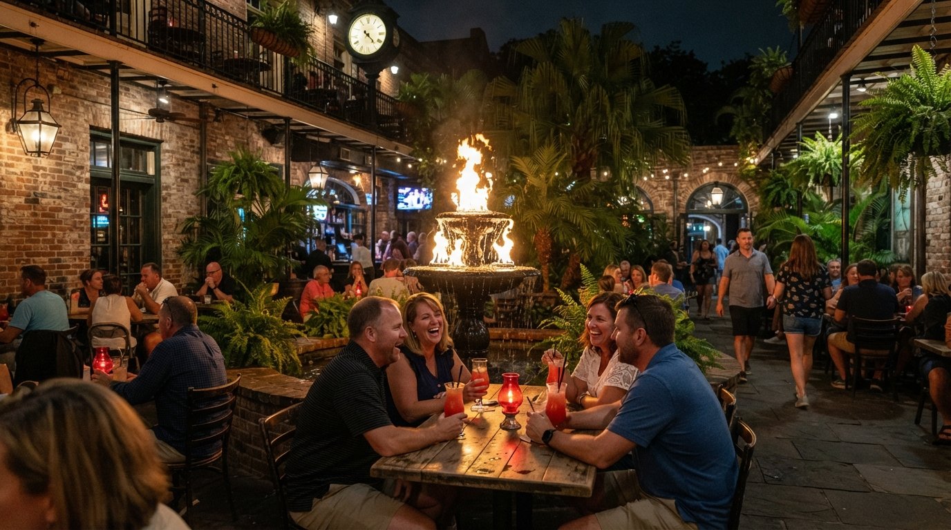 Il cortile di Pat O'Brien's di notte con la fontana fiammeggiante, luce calda sui muri di mattoni e ospiti riuniti intorno agli Hurricane originali
