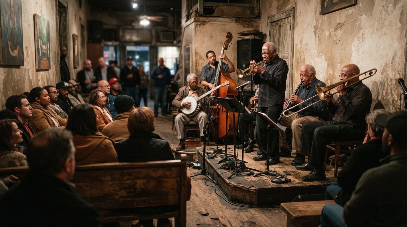 l'interno spoglio del Preservation Hall su St. Peter Street, panche di legno, illuminazione intima del palco e una piccola band jazz tradizionale a metà concerto