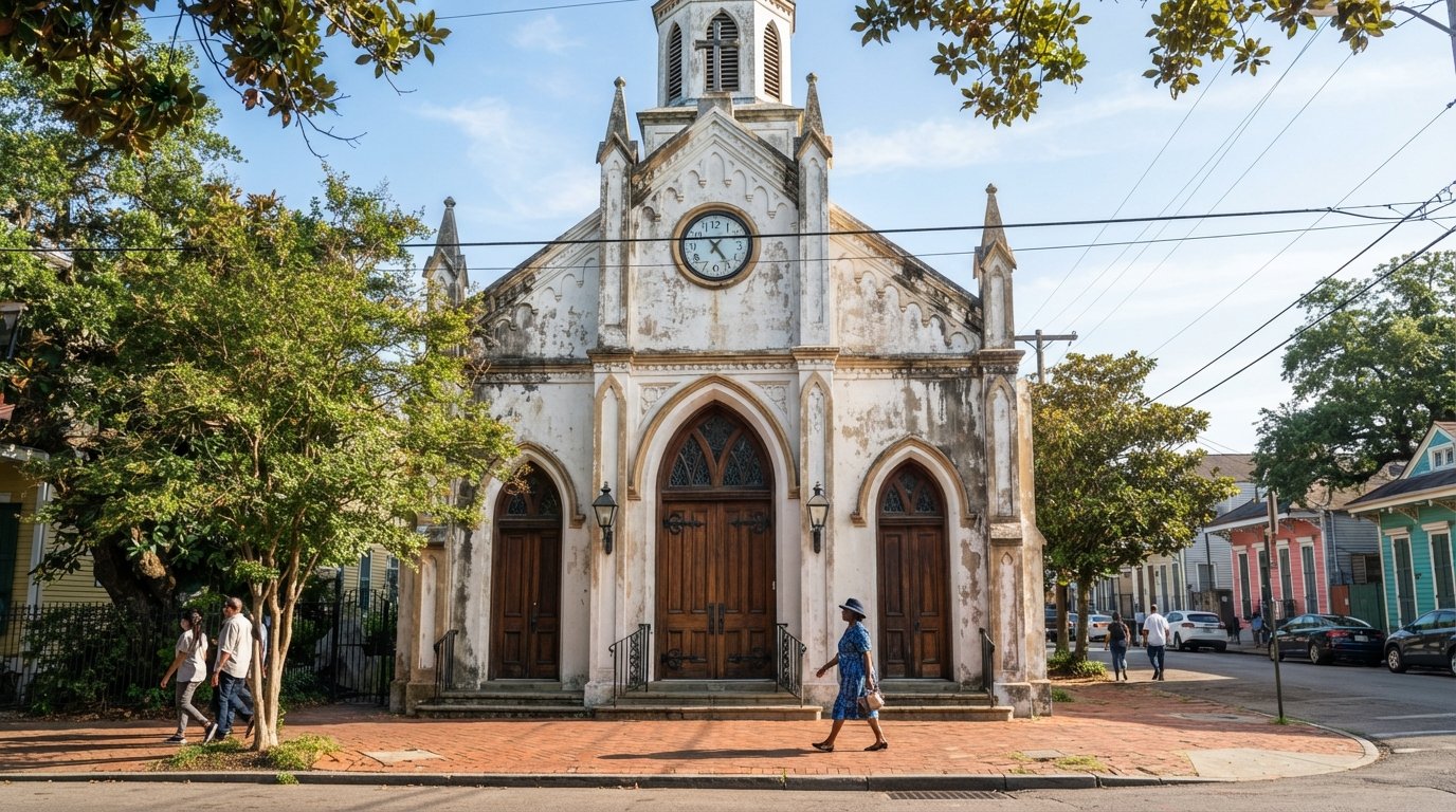 Governor Nicholls Street의 St. Augustine Catholic Church 외관, 밝은 아침 햇살 아래 역사적인 교회 건물